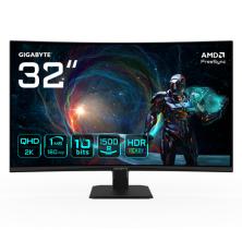 Monitor gaming curvo GIGABYTE GS32QCA de 31,5 pulgadas con panel VA QHD, de frente sobre su peana