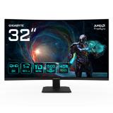 Monitor gaming curvo GIGABYTE GS32QCA de 31,5 pulgadas con panel VA QHD, de frente sobre su peana