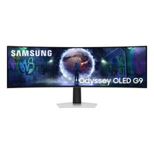 Monitor gaming Samsung Odyssey OLED G9 de 49 pulgadas curvo formato 32:9, de frente sobre su peana