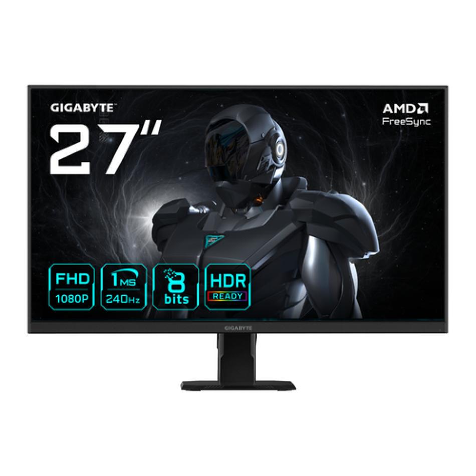 Monitor gaming GIGABYTE GS27F2 de 27 pulgadas con panel SuperSpeed IPS y 240 Hz, de frente sobre su peana