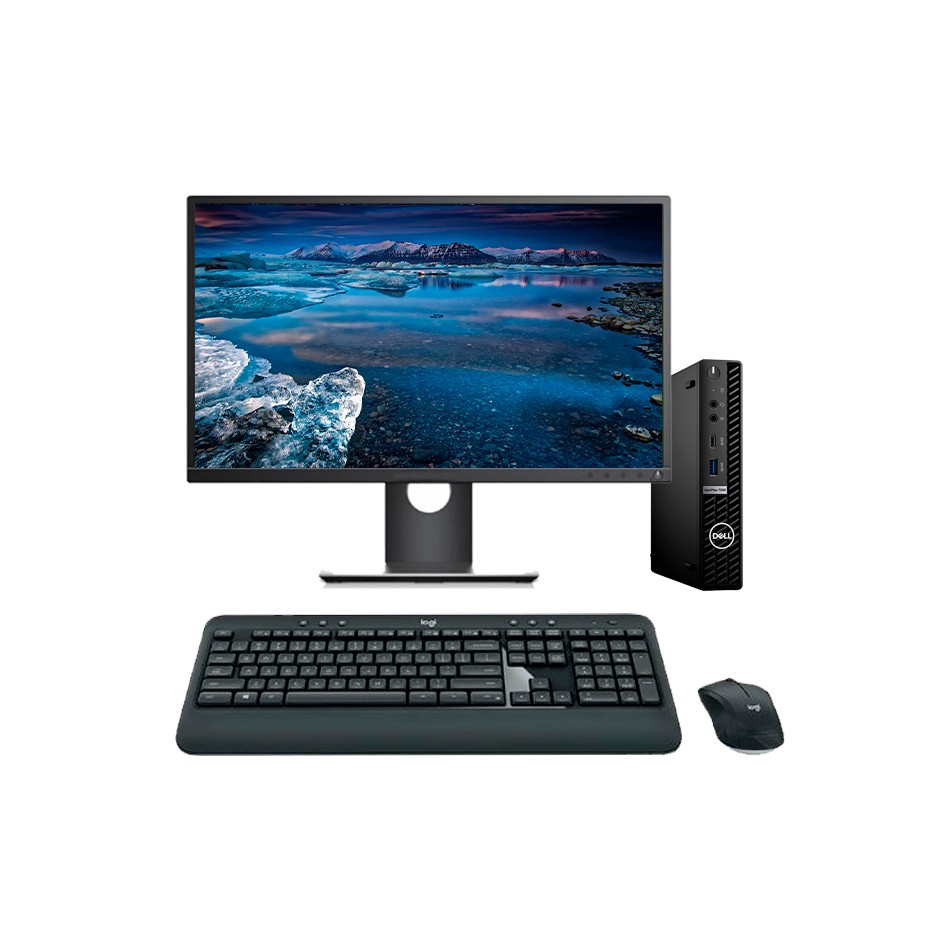 Mini ordenador Dell OptiPlex 5090 Micro reacondicionado sobre puesto de oficina con monitor