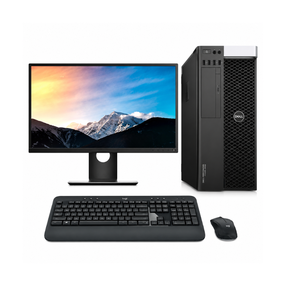 Workstation Dell Precision 5820 Torre reacondicionada de tamaño profesional junto a monitor de 23 pulgadas