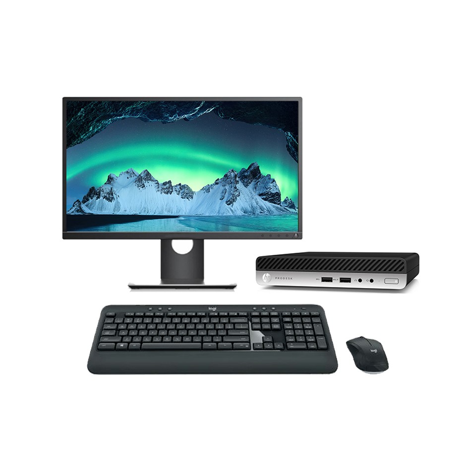 Mini ordenador HP ProDesk 600 G4 reacondicionado sobre puesto de oficina, junto a monitor de 23 pulgadas