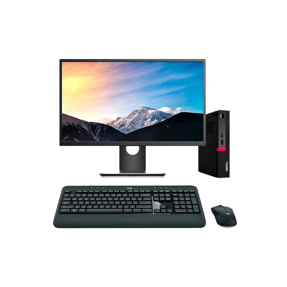 Pack Lenovo ThinkCentre M920Q reacondicionado con monitor, teclado y ratón sobre mesa de oficina