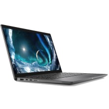Vista lateral del Dell Latitude 7410 con la pantalla encendida y vista de los puertos izquierdos