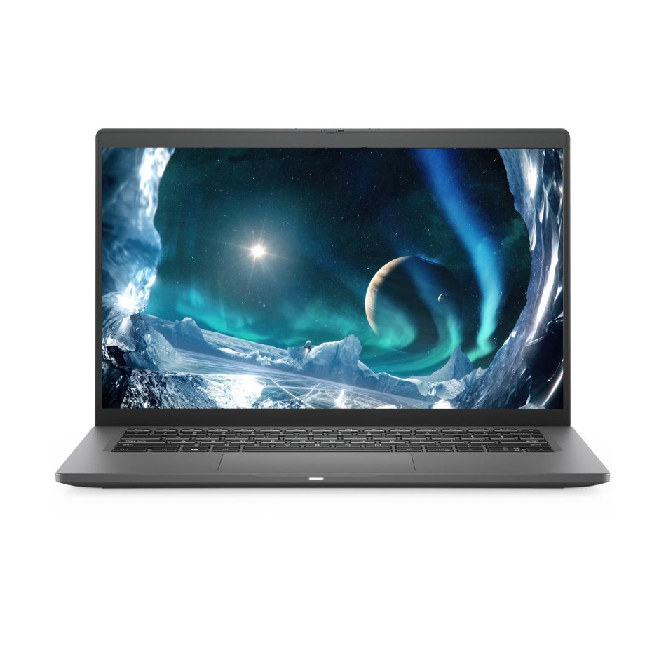 Dell Latitude 7410 con la tapa abierta y la pantalla encendida, fondo espacial