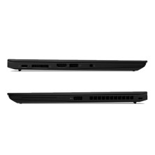 Lateral opuesto del Lenovo ThinkPad T14S G1 cerrado, con los puertos de conexión a la vista.