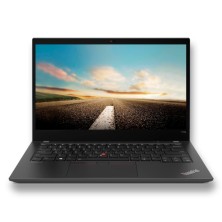 Lenovo ThinkPad T14S G1 abierto de frente, con la pantalla encendida y el teclado a la vista.