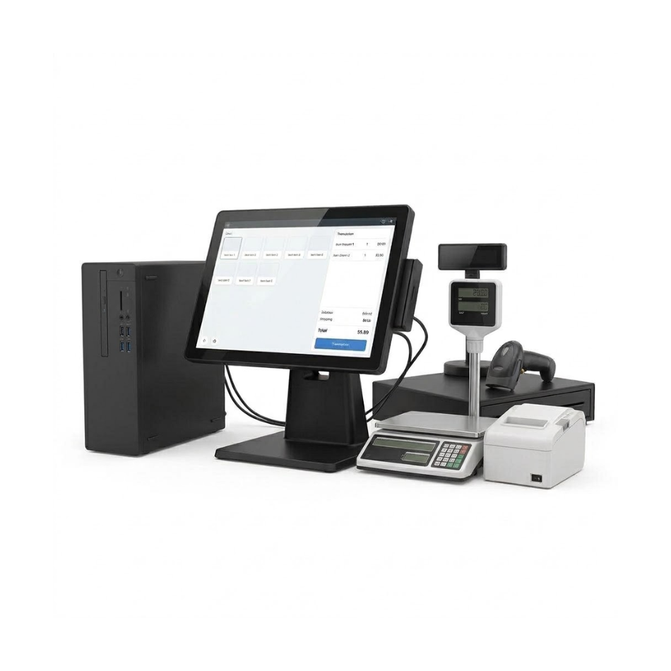 TPV completo con monitor táctil de 15 pulgadas, impresora de tickets, cajón portamonedas, lector de código de barras y visor