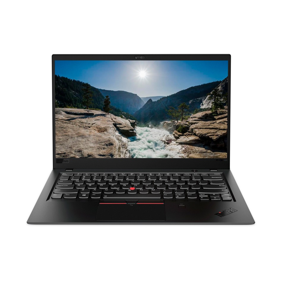 Lenovo ThinkPad X1 Carbon G7 abierto de frente, teclado negro y TrackPoint