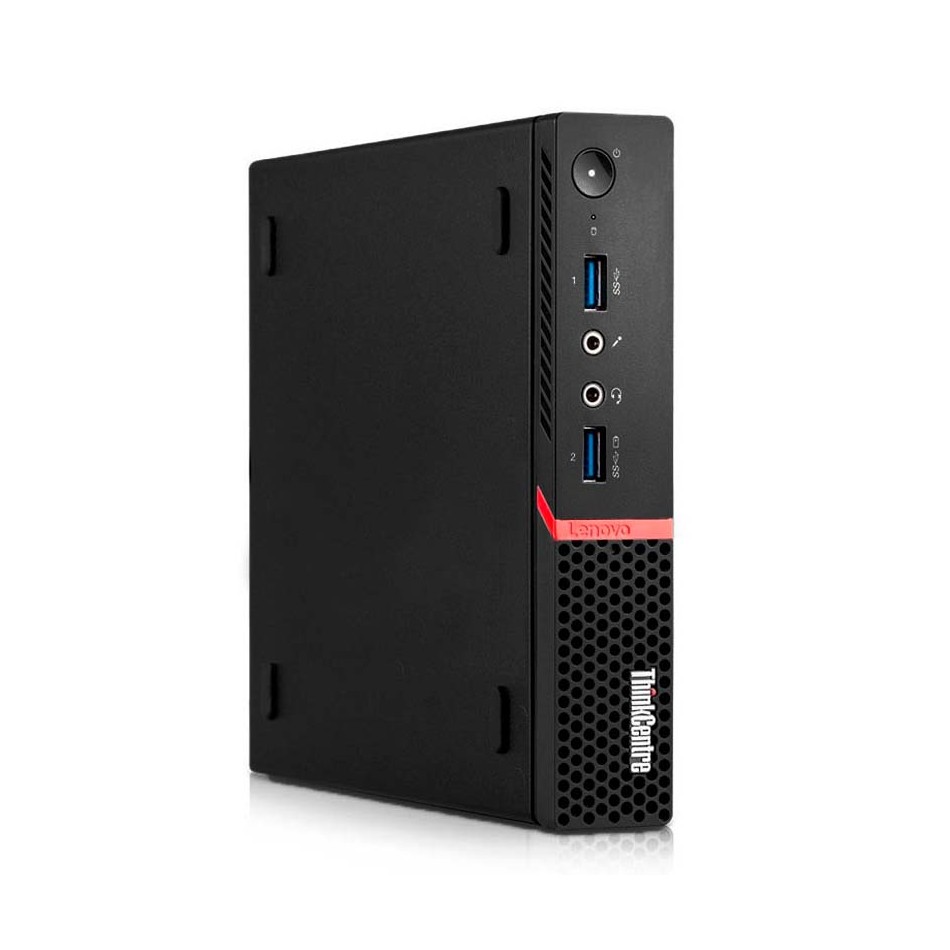 Lenovo ThinkCentre M900 Tiny negro apoyado en vertical, vista frontal con la franja roja y los puertos delanteros