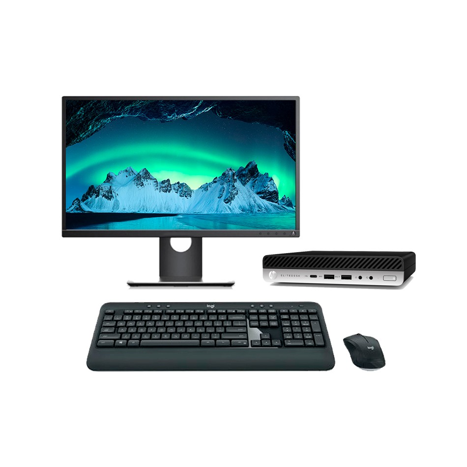 Puesto HP EliteDesk 800 G4 Mini con monitor de 23 pulgadas, teclado y ratón