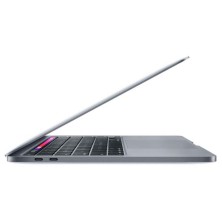 Apple MacBook Pro 13 abierto de perfil, chasis de aluminio gris