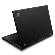 Lenovo ThinkPad P52 semiabierto visto por detrás, tapa negra con logo