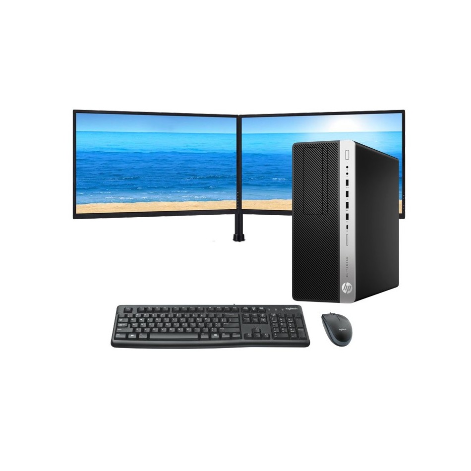 PC Doble Pantalla De 2 X 24´´ Nuevas | HP 800 G3 Intel Core i5 6500 | 8 GB | 480 SSD | GT 710 - 2GB | Soporte mesa - Ordenadores de sobremesa Completo