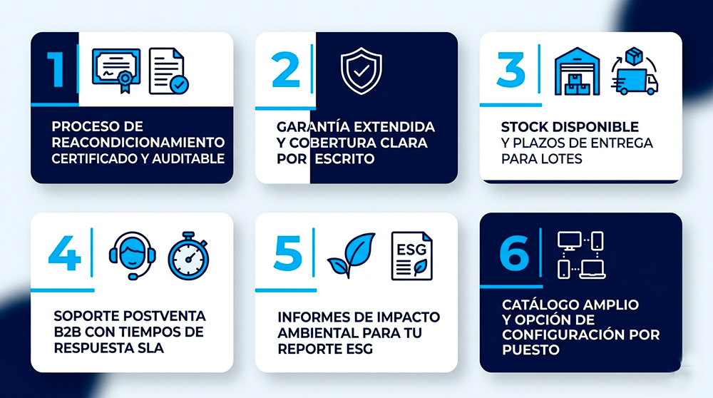 Checklist de los 6 requisitos para elegir proveedor de equipos reacondicionados.