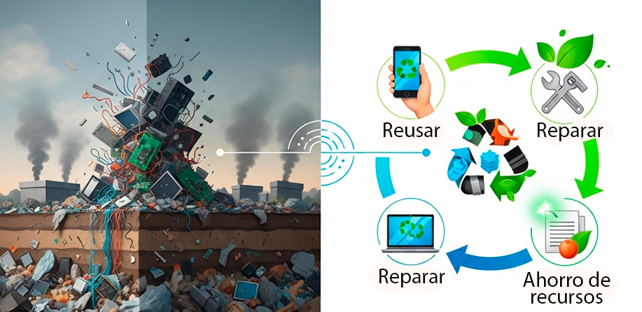 Comparativa entre modelo lineal y economía circular con ahorro de recursos