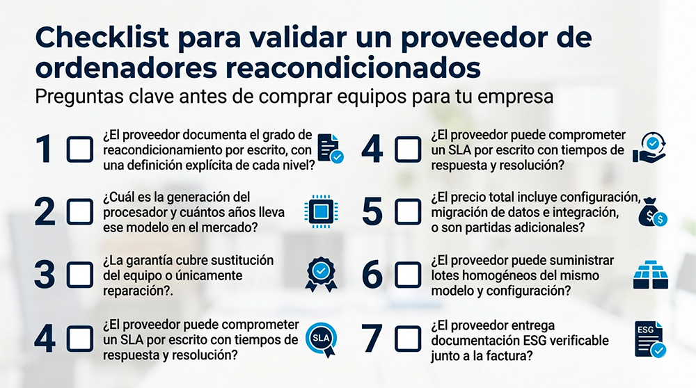 Checklist visual de decisión entre comprar equipos nuevos o reacondicionados para empresa.