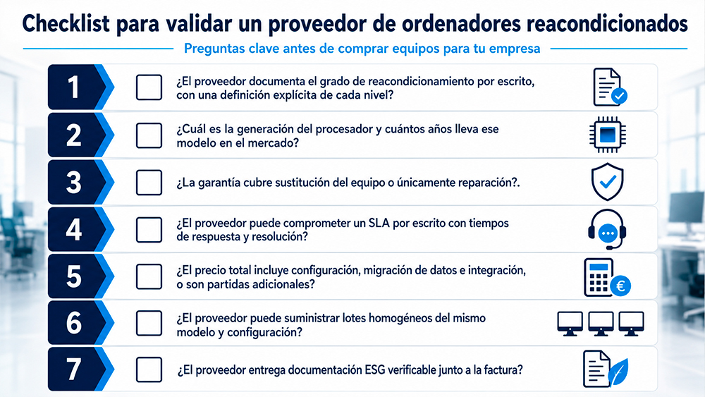 Checklist visual de decisión entre comprar equipos nuevos o reacondicionados para empresa.
