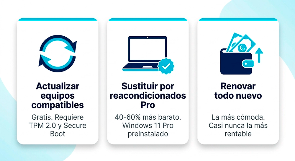 Checklist de los seis puntos que debe cumplir un proveedor de equipos con Windows 11 Pro para empresas: licencia legal, configuración inicial, garantía, factura, soporte directo y pedido escalado