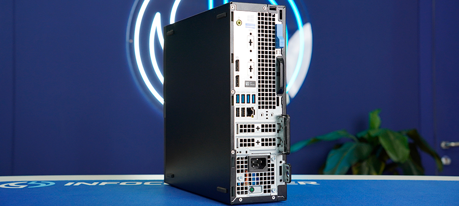Vista trasera del Dell OptiPlex 5070 SFF, con puertos USB 2.0 y 3.1, DisplayPort, HDMI y Ethernet.