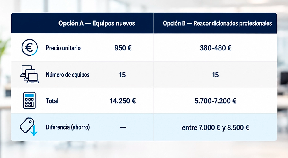 Comparativa de coste real entre comprar 15 equipos nuevos o 15 reacondicionados profesionales con Windows 11 Pro para una PYME, con un ahorro de entre 7.000 y 8.500 euros