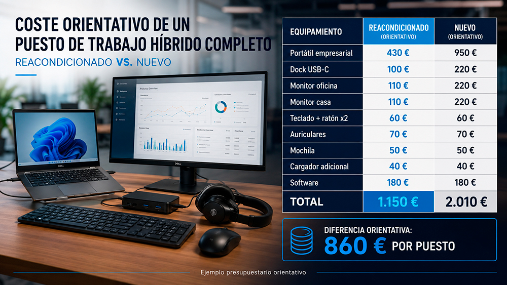 Coste orientativo de un puesto de trabajo híbrido reacondicionado frente a nuevo