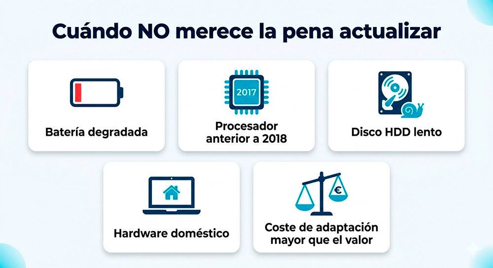Cinco casos en los que no merece la pena actualizar un ordenador a Windows 11 y conviene sustituirlo por uno reacondicionado profesional: batería degradada, procesador anterior a 2018, disco HDD lento, hardware doméstico y coste de adaptación mayor que el valor del equipo
