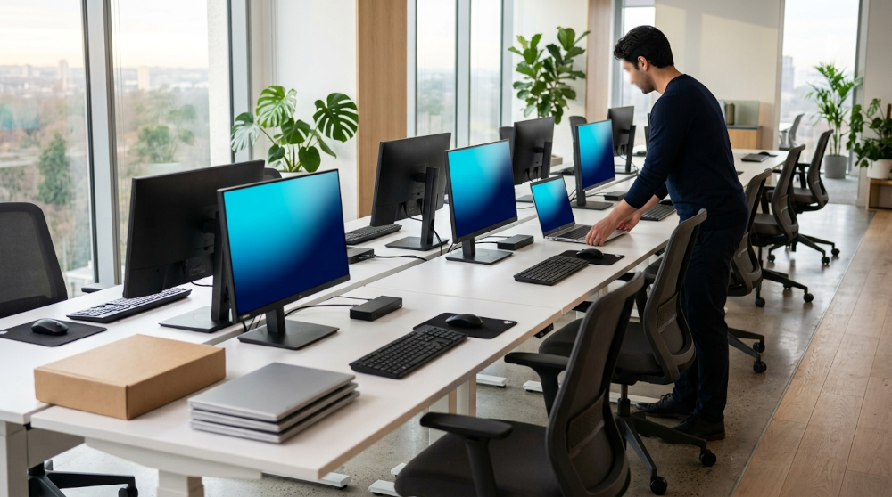 Técnico de IT preparando portátiles reacondicionados idénticos en los puestos de trabajo de una oficina