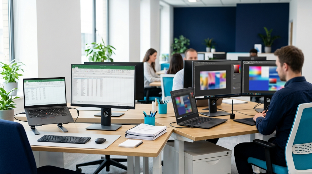 Puestos de trabajo de una oficina con configuraciones de equipo distintas según el perfil de cada empleado