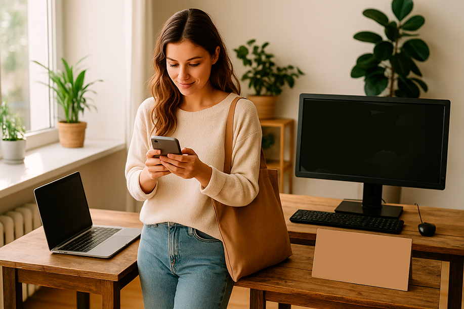 Persona usando un móvil reacondicionado en su rutina diaria