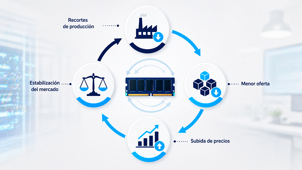 Esquema del ciclo de oferta y demanda en memorias DRAM y su efecto en precios