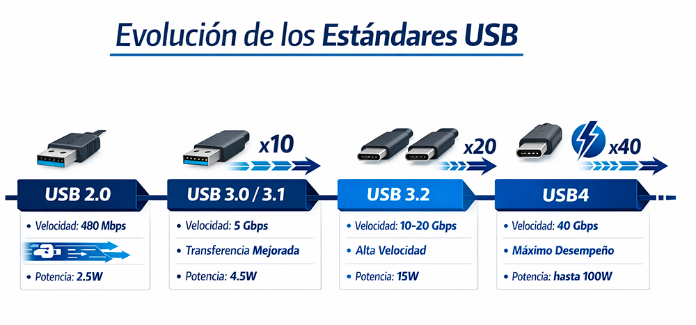 Evolución de los estándares USB y sus velocidades
