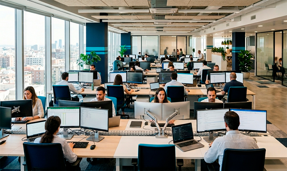 Empleados trabajando en una oficina profesional con ordenadores reacondicionados para empresa