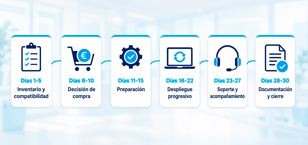 Plan de migración a Windows 11 en 30 días para una PYME dividido en seis fases: inventario y compatibilidad, decisión de compra, preparación, despliegue progresivo, soporte y documentación