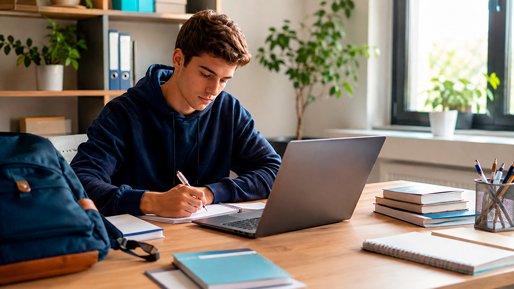 Estudiante preparando la vuelta al cole con un portátil reacondicionado