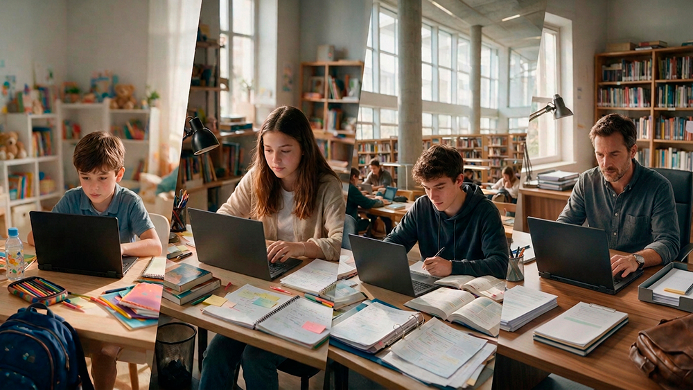 Estudiantes de diferentes edades utilizando portátiles para estudiar
