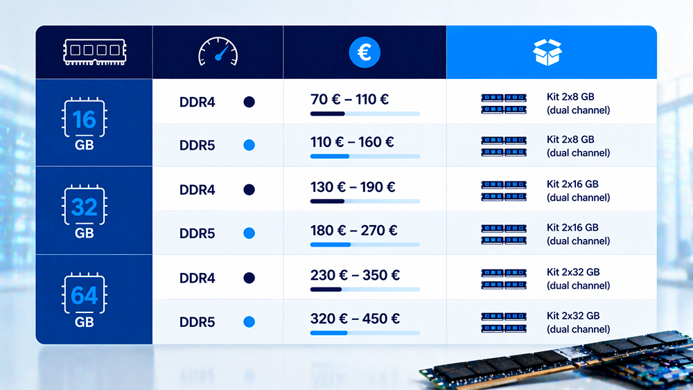 Rangos de precio orientativos de memorias RAM de 16, 32 y 64 GB en DDR4 y DDR5