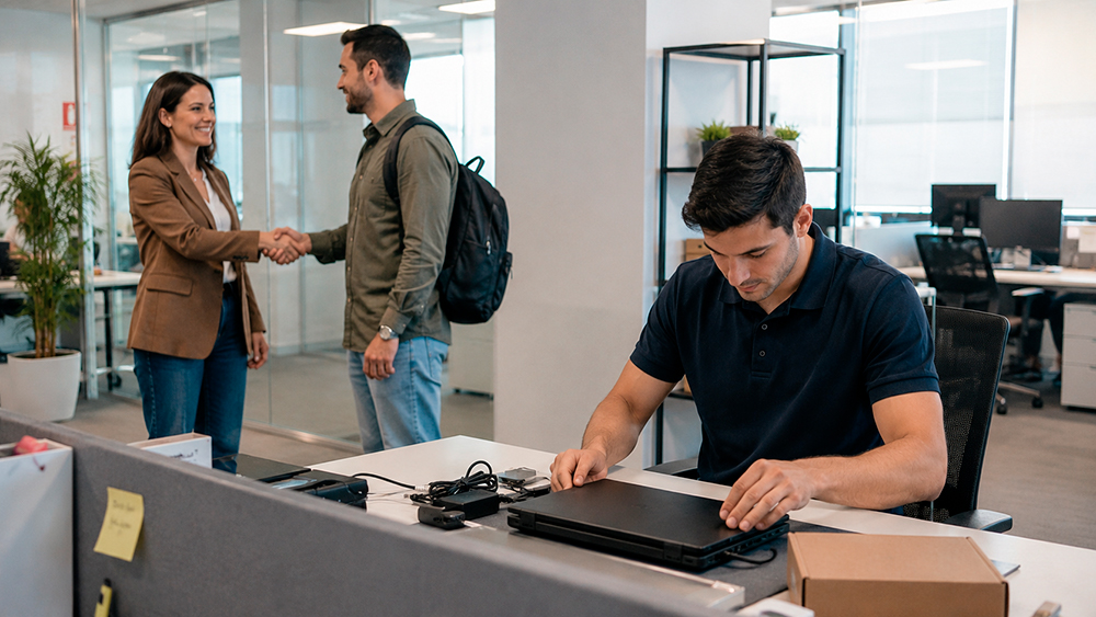 Técnico preparando un portátil para la incorporación de un nuevo empleado mientras Recursos Humanos recibe al trabajador.