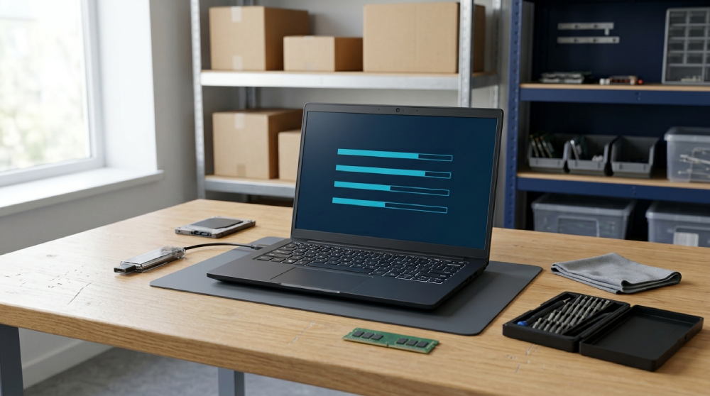 Portátil en un banco de trabajo técnico junto a un SSD, un módulo de memoria RAM y herramientas de precisión durante la revisión de un equipo reacondicionado