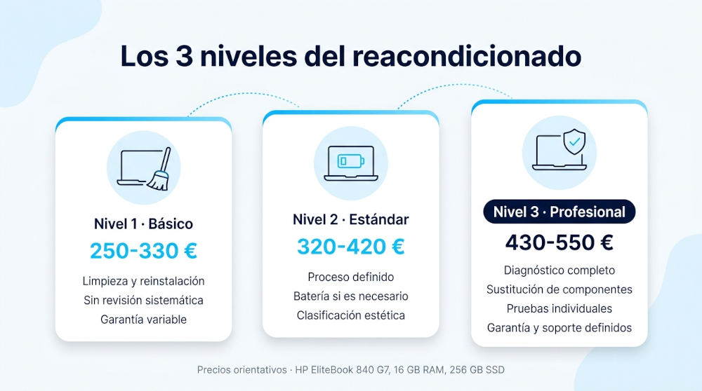 Los tres niveles del reacondicionado: básico, estándar y profesional, con su proceso y rango de precio orientativo para un mismo portátil