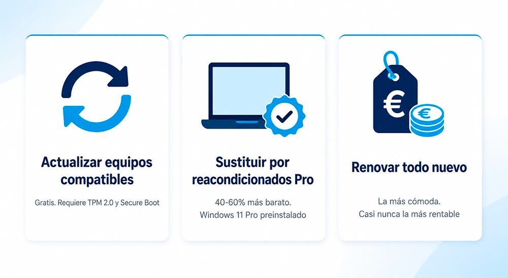 Comparativa de las tres opciones para migrar a Windows 11 en una PYME: actualizar equipos compatibles, sustituir por reacondicionados profesionales o renovar todo con equipos nuevos